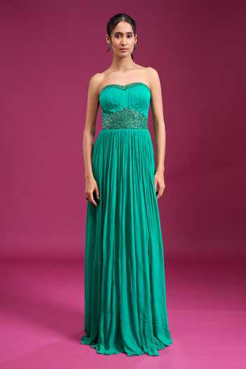 Shop_Naintara Bajaj_Emerald Green Chinon Sequins, Beads Sweetheart Neck Hand Embroidered Bodice Gown _Online_at_Aza_Fashions
