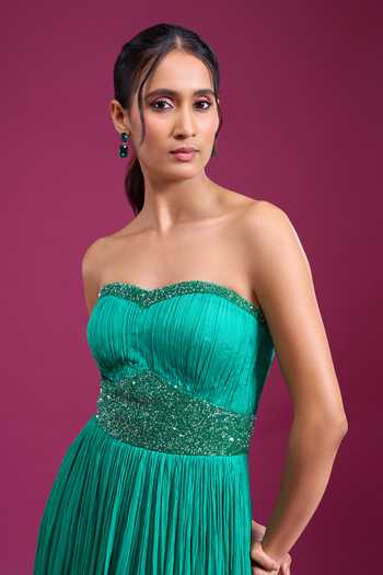 Naintara Bajaj_Emerald Green Chinon Sequins, Beads Sweetheart Neck Hand Embroidered Bodice Gown _at_Aza_Fashions