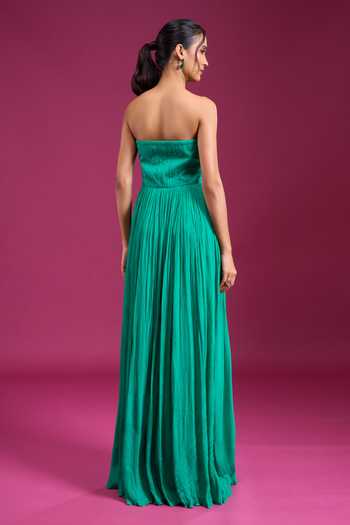 Shop_Naintara Bajaj_Emerald Green Chinon Sequins, Beads Sweetheart Neck Hand Embroidered Bodice Gown _at_Aza_Fashions