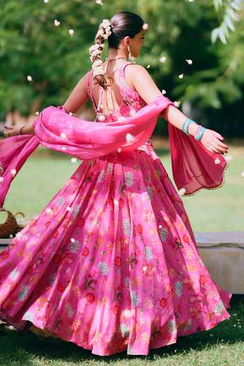 Shop_Mirasa_Pink Silk, Organza, Chanderi Open Neck Mishti Printed Jacket Lehenga Set _at_Aza_Fashions