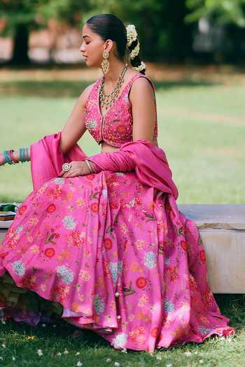 Shop_Mirasa_Pink Silk, Organza, Chanderi Open Neck Mishti Printed Jacket Lehenga Set 
