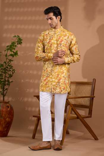 Buy_SPRING BREAK_Yellow Silk Floral Print Short Kurta _at_Aza_Fashions
