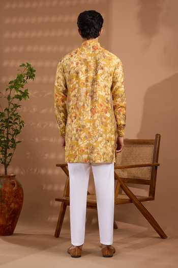 Shop_SPRING BREAK_Yellow Silk Floral Print Short Kurta _at_Aza_Fashions