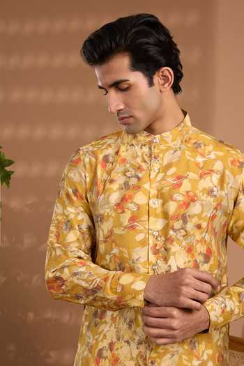 Shop_SPRING BREAK_Yellow Silk Floral Print Short Kurta _Online_at_Aza_Fashions