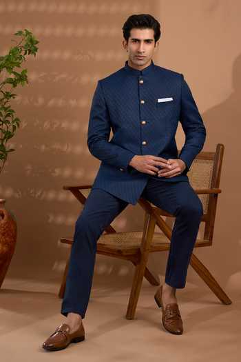 SPRING BREAK_Blue Silk Embroidery Jacquard Woven Bandhgala _Online_at_Aza_Fashions
