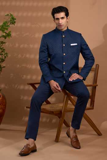 Buy_SPRING BREAK_Blue Silk Embroidery Jacquard Woven Bandhgala _Online_at_Aza_Fashions