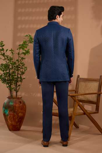 Shop_SPRING BREAK_Blue Silk Embroidery Jacquard Woven Bandhgala _at_Aza_Fashions