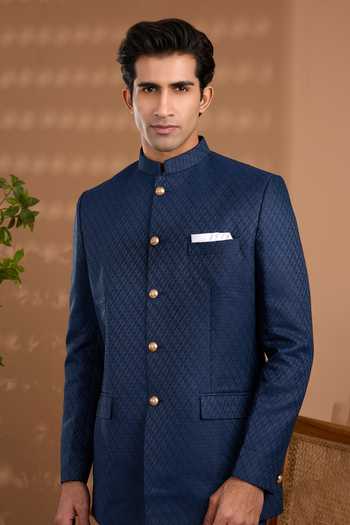 Shop_SPRING BREAK_Blue Silk Embroidery Jacquard Woven Bandhgala _Online_at_Aza_Fashions
