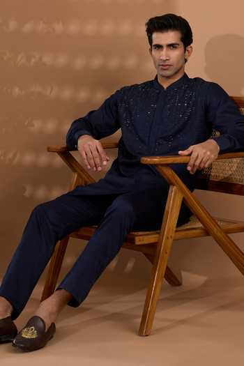 Buy_Spring Break_Blue Cotton Satin Kurta And Pant Set _Online_at_Aza_Fashions