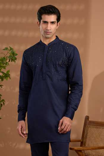 Shop_Spring Break_Blue Cotton Satin Kurta And Pant Set _Online_at_Aza_Fashions