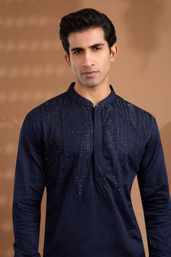 Spring Break_Blue Cotton Satin Kurta And Pant Set _at_Aza_Fashions