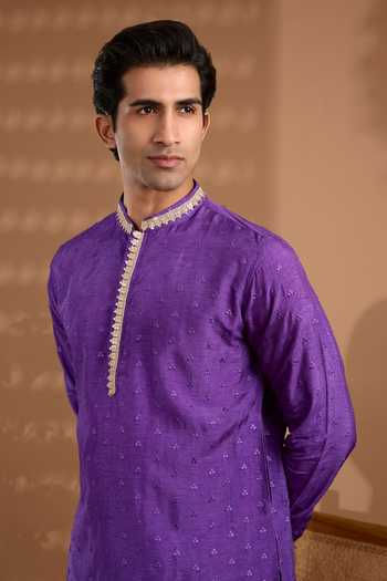 Buy_SPRING BREAK_Purple Silk, Cotton Embroidered Kurta And Pant Set _Online_at_Aza_Fashions