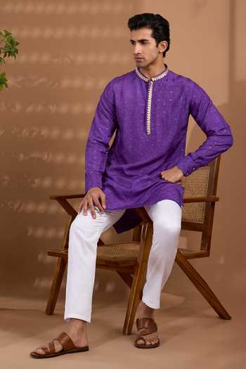 Shop_SPRING BREAK_Purple Silk, Cotton Embroidered Kurta And Pant Set _Online_at_Aza_Fashions