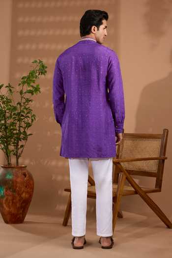 Shop_SPRING BREAK_Purple Silk, Cotton Embroidered Kurta And Pant Set _at_Aza_Fashions