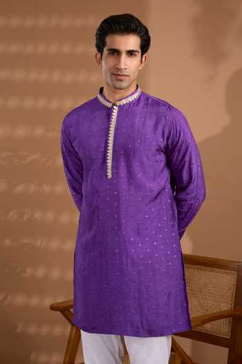 SPRING BREAK_Purple Silk, Cotton Embroidered Kurta And Pant Set _at_Aza_Fashions