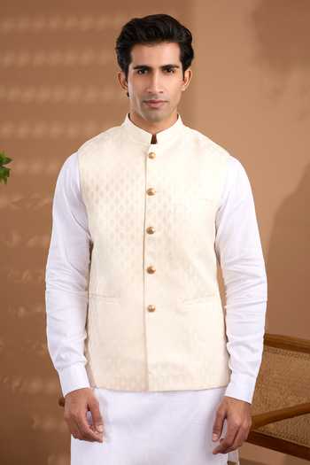 Spring Break_Ivory Silk, Cotton Satin Woven Nehru Jacket And Kurta Set _Online_at_Aza_Fashions