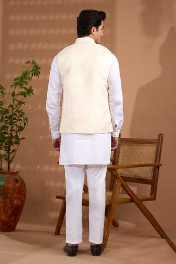 Shop_Spring Break_Ivory Silk, Cotton Satin Woven Nehru Jacket And Kurta Set _at_Aza_Fashions