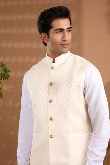 Buy_Spring Break_Ivory Silk, Cotton Satin Woven Nehru Jacket And Kurta Set _Online_at_Aza_Fashions