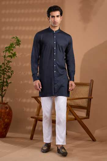 SPRING BREAK_Blue Silk, Cotton Satin Foil Print Nehru Jacket And Kurta Set _Online_at_Aza_Fashions