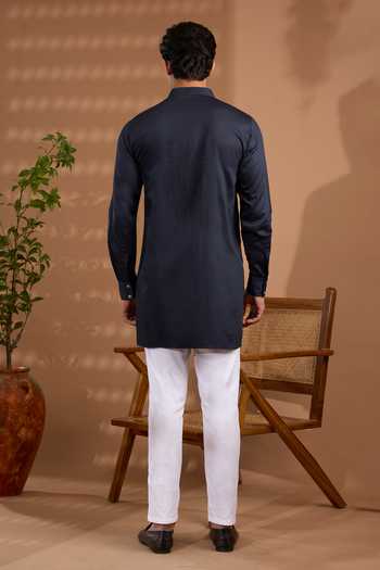 Buy_SPRING BREAK_Blue Silk, Cotton Satin Foil Print Nehru Jacket And Kurta Set _Online_at_Aza_Fashions