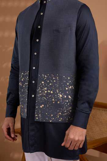 Shop_SPRING BREAK_Blue Silk, Cotton Satin Foil Print Nehru Jacket And Kurta Set _Online_at_Aza_Fashions