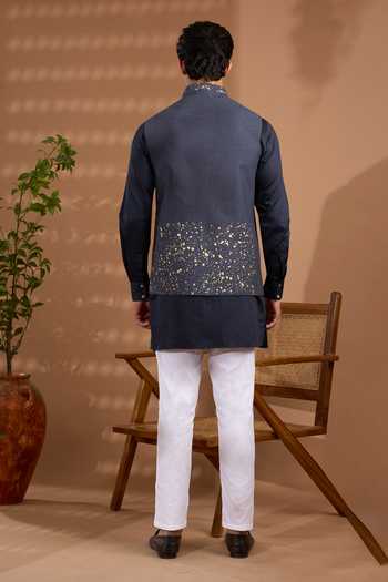 Shop_SPRING BREAK_Blue Silk, Cotton Satin Foil Print Nehru Jacket And Kurta Set _at_Aza_Fashions
