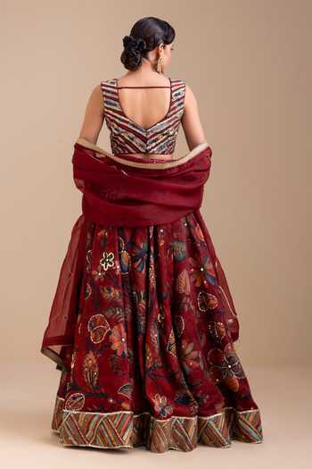Shop_Aamra By Lavanya_Maroon Silk, Organza V-neck Hand Embroidered Blouse Lehenga Set _at_Aza_Fashions
