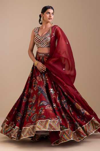 Aamra By Lavanya_Maroon Silk, Organza V-neck Hand Embroidered Blouse Lehenga Set _Online_at_Aza_Fashions