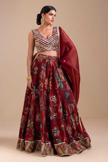 Buy_Aamra By Lavanya_Maroon Silk, Organza V-neck Hand Embroidered Blouse Lehenga Set _Online_at_Aza_Fashions