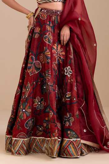 Shop_Aamra By Lavanya_Maroon Silk, Organza V-neck Hand Embroidered Blouse Lehenga Set _Online_at_Aza_Fashions