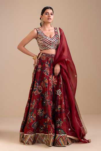 Aamra By Lavanya_Maroon Silk, Organza V-neck Hand Embroidered Blouse Lehenga Set _at_Aza_Fashions
