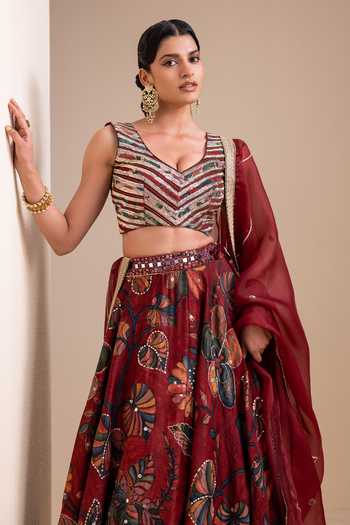 Buy_Aamra By Lavanya_Maroon Silk, Organza V-neck Hand Embroidered Blouse Lehenga Set 