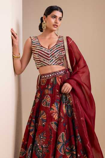 Shop_Aamra By Lavanya_Maroon Silk, Organza V-neck Hand Embroidered Blouse Lehenga Set 