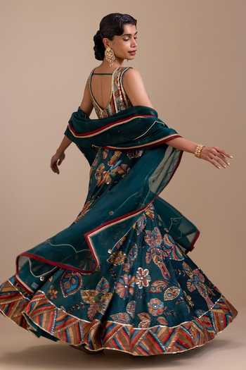 Buy_Aamra By Lavanya_Green Silk, Organza V-neck Kalamkari Print Lehenga Set _Online_at_Aza_Fashions