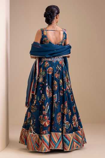 Shop_Aamra By Lavanya_Blue Silk, Organza V-neck Kalamkari Pattern Lehenga Set _at_Aza_Fashions