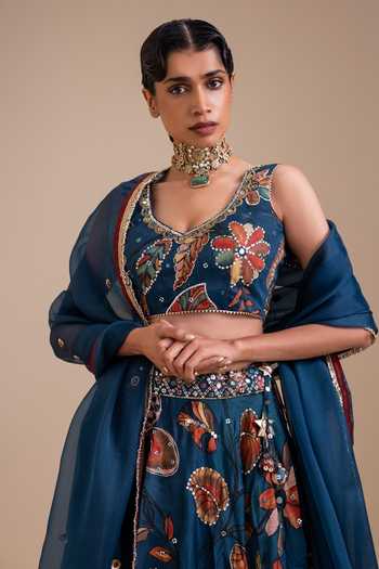 Buy_Aamra By Lavanya_Blue Silk, Organza V-neck Kalamkari Pattern Lehenga Set _Online_at_Aza_Fashions