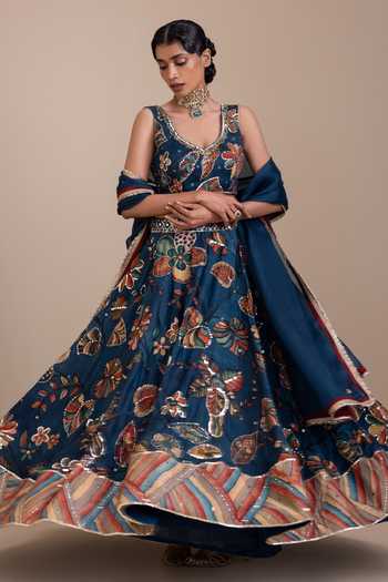 Shop_Aamra By Lavanya_Blue Silk, Organza V-neck Kalamkari Pattern Lehenga Set _Online_at_Aza_Fashions