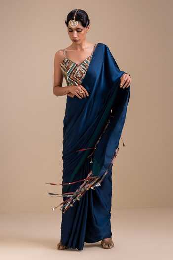 Aamra By Lavanya_Blue Silk, Satin Sweetheart Neck Embroidered Blouse With Pre-draped Saree _Online_at_Aza_Fashions