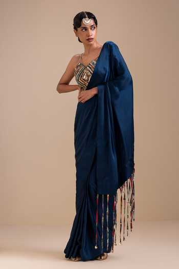 Buy_Aamra By Lavanya_Blue Silk, Satin Sweetheart Neck Embroidered Blouse With Pre-draped Saree _Online_at_Aza_Fashions