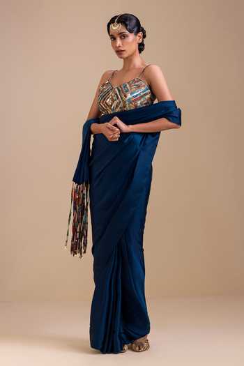 Shop_Aamra By Lavanya_Blue Silk, Satin Sweetheart Neck Embroidered Blouse With Pre-draped Saree _Online_at_Aza_Fashions