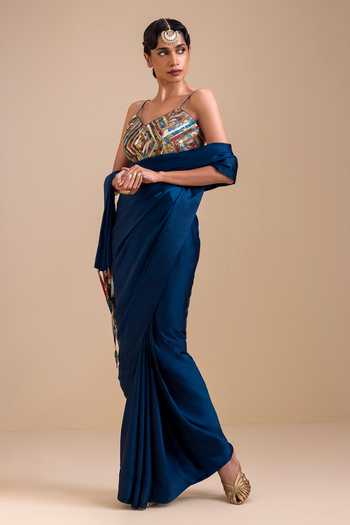 Aamra By Lavanya_Blue Silk, Satin Sweetheart Neck Embroidered Blouse With Pre-draped Saree _at_Aza_Fashions