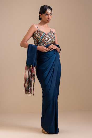Shop_Aamra By Lavanya_Blue Silk, Satin Sweetheart Neck Embroidered Blouse With Pre-draped Saree _at_Aza_Fashions