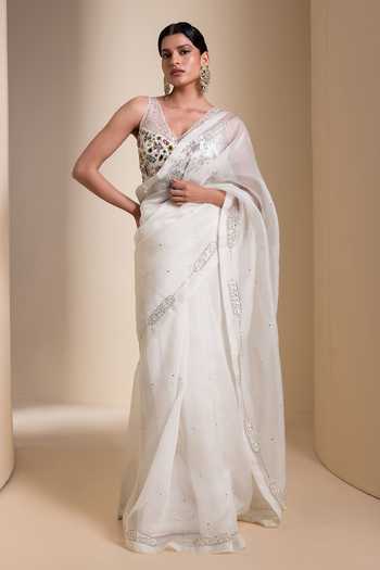 Buy_Aamra By Lavanya_Ivory Organza V-neck Hand Embroidered Saree With Blouse _at_Aza_Fashions