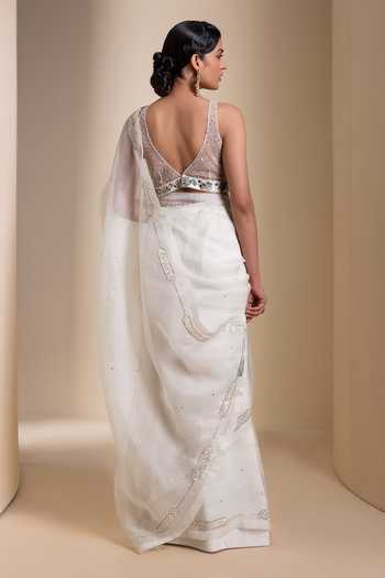 Shop_Aamra By Lavanya_Ivory Organza V-neck Hand Embroidered Saree With Blouse _at_Aza_Fashions