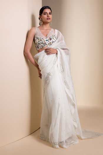 Buy_Aamra By Lavanya_Ivory Organza V-neck Hand Embroidered Saree With Blouse _Online_at_Aza_Fashions