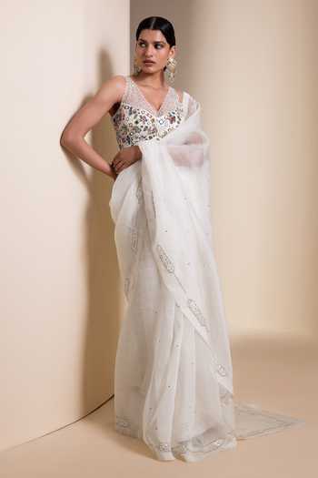 Shop_Aamra By Lavanya_Ivory Organza V-neck Hand Embroidered Saree With Blouse _Online_at_Aza_Fashions