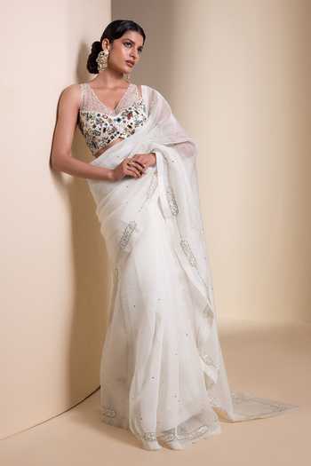 Buy_Aamra By Lavanya_Ivory Organza V-neck Hand Embroidered Saree With Blouse 