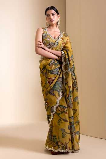 Aamra By Lavanya_Yellow Silk, Organza V-neck Hand Embroidered Saree With Blouse _Online_at_Aza_Fashions