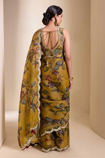 Shop_Aamra By Lavanya_Yellow Silk, Organza V-neck Hand Embroidered Saree With Blouse _at_Aza_Fashions