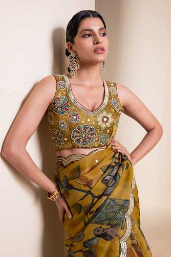 Buy_Aamra By Lavanya_Yellow Silk, Organza V-neck Hand Embroidered Saree With Blouse _Online_at_Aza_Fashions